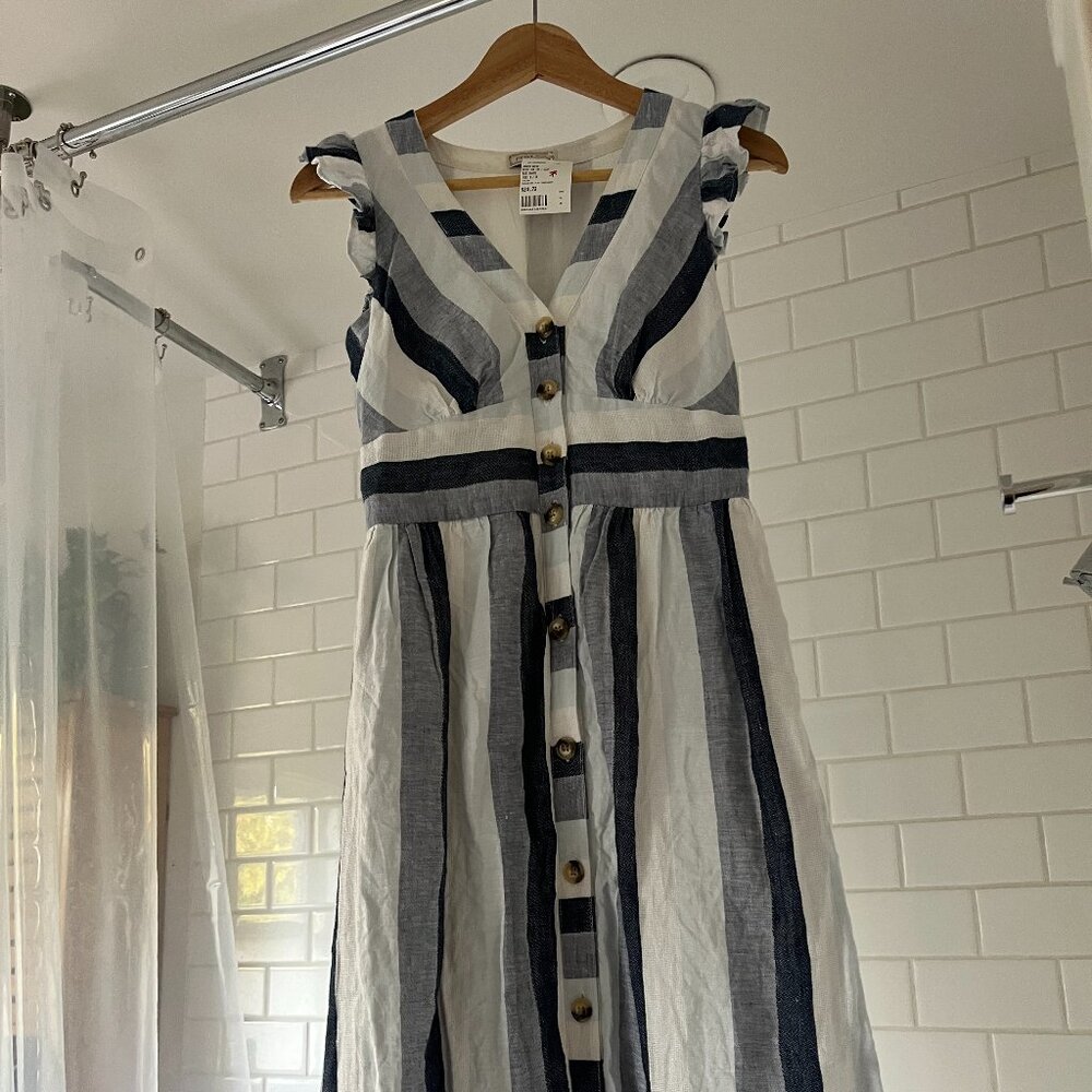 Point Sur J.Crew Size 00 Linen Blue White Striped Midi Dress Button Front